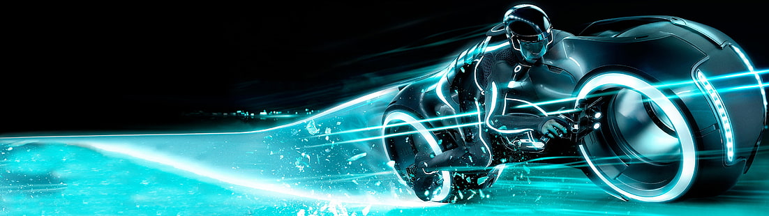 black and teal motorcycle, Tron, Tron: Legacy, Light Cycle, movies, digital art, HD wallpaper HD wallpaper