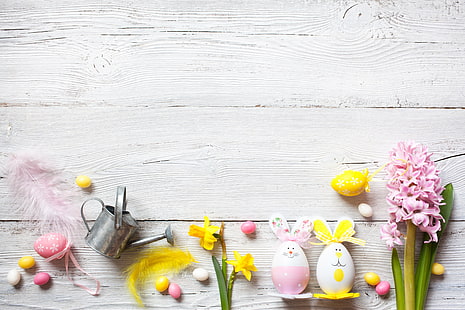 Blumen, Frühling, bunt, Ostern, Krokusse, Holz, Narzissen, Eier, Dekoration, glücklich, die bemalten Eier, HD-Hintergrundbild HD wallpaper