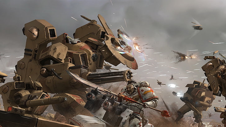 ilustracja brązowego robota, Warhammer 40k, kosmiczni marines, tau, białe blizny, Tapety HD