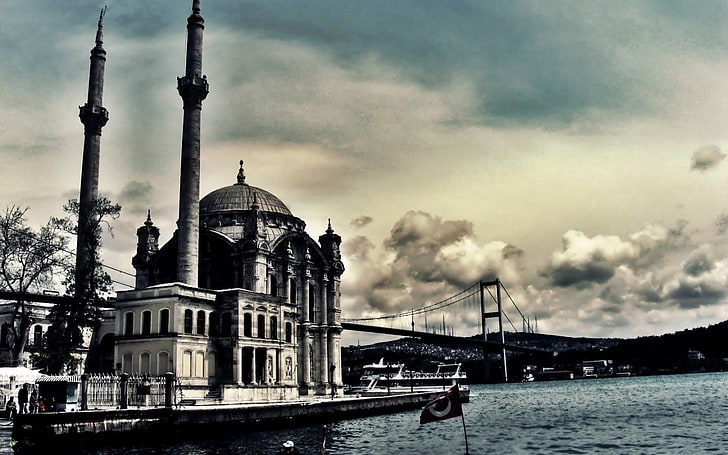 Golden Gate Bridge, Turkey, HDR, clouds, sky, mosque, architecture, building, bridge, old building, water, Ortaköy Mosque, HD wallpaper