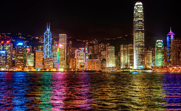 Симфония от светлини Хонг Конг, снимка на градския пейзаж, Град, Азия / Китай, Светлини, Цветни, Хонг Конг, Симфония, HD тапет