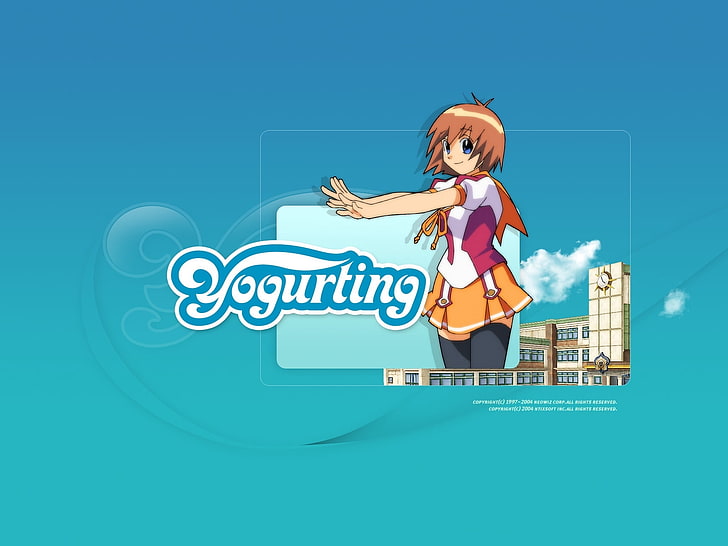 braunhaarige Mädchen Anime Charakter, Joghurt, Mädchen, Lächeln, Geste, Hintergrund, HD-Hintergrundbild