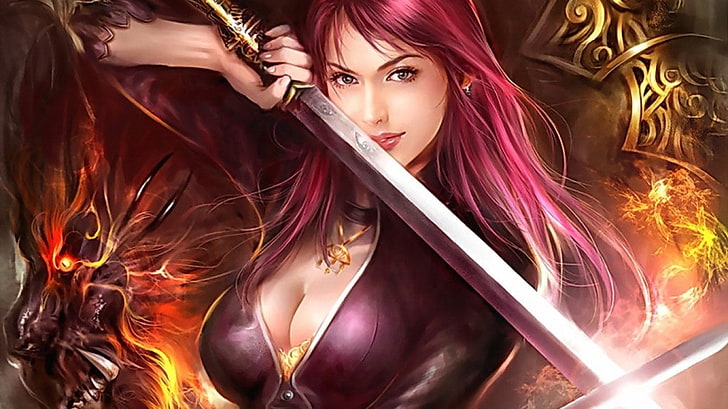 wanita berambut merah muda memegang ilustrasi pedang, Fantasi, Perempuan Prajurit, Prajurit, Wallpaper HD