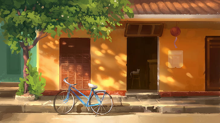 自転車 デジタルアート アートワーク 通り 町 木 道路 歩道 舗装 絵画 ドア 壁 Hdデスクトップの壁紙 Wallpaperbetter