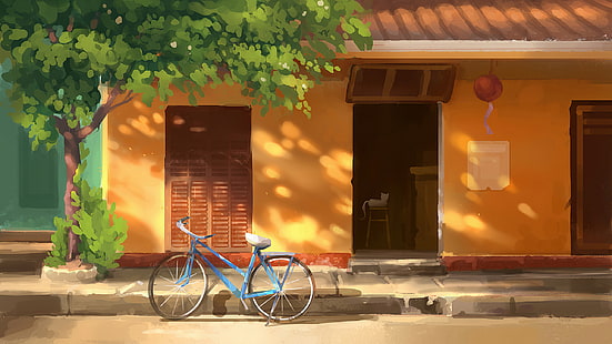bicicleta, arte digital, trabalho artístico, rua, cidade, árvores, estrada, calçadas, calçadas, pintura, porta, parede, HD papel de parede HD wallpaper