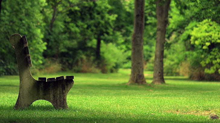 Stone bench in the park, brown wooden outdoor bench, photography, 1920x1080, grass, tree, bench, park, HD wallpaper