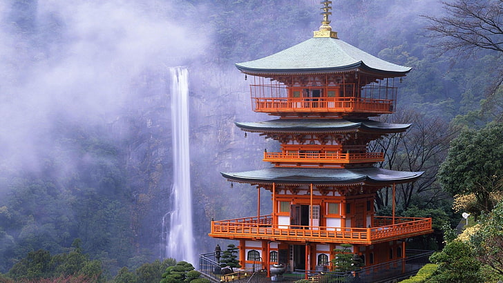 водопад Начи, ЮНЕСКО, всемирное наследие, Япония, храм, Кумано Начи Тайша, водопад Начи, водопад, природа, лес, HD обои