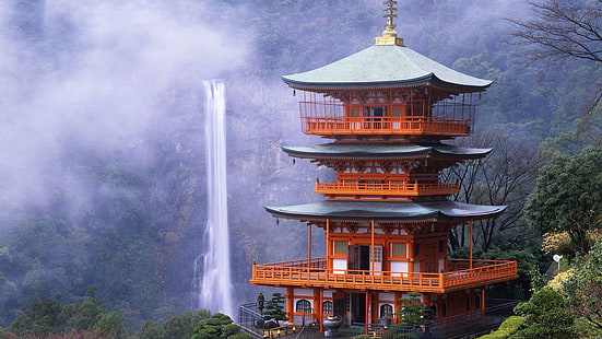 nachi falls, unesco, world heritage, japan, temple, kumano nachi taisha, nachi waterfall, waterfall, nature, forest, HD wallpaper HD wallpaper