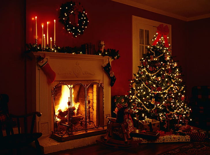 christmas, holiday, fireplace, christmas tree, garlands, candles, toys, gifts, christmas, holiday, fireplace, christmas tree, garlands, candles, toys, gifts, HD wallpaper