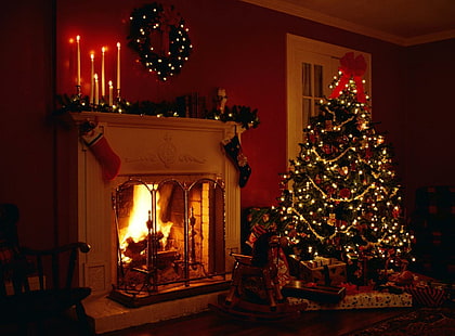 christmas, holiday, fireplace, christmas tree, garlands, candles, toys, gifts, christmas, holiday, fireplace, christmas tree, garlands, candles, toys, gifts, HD wallpaper HD wallpaper