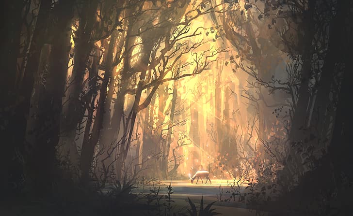 David Frasheski, sun rays, sunlight, digital art, deer, trees, forest, landscape, drawing, artwork, ArtStation, HD wallpaper