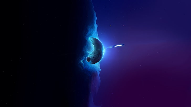 fondo de pantalla de luna azul cubierta con nubes, ilustración de planeta, obra de arte, arte espacial, nebulosa, planeta, estrellas, fondo azul, anillos planetarios, brillante, arte digital, espacio, Fondo de pantalla HD