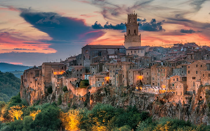Sonnenuntergang, Gebäude, Haus, Italien, Toskana, Pitigliano, HD-Hintergrundbild