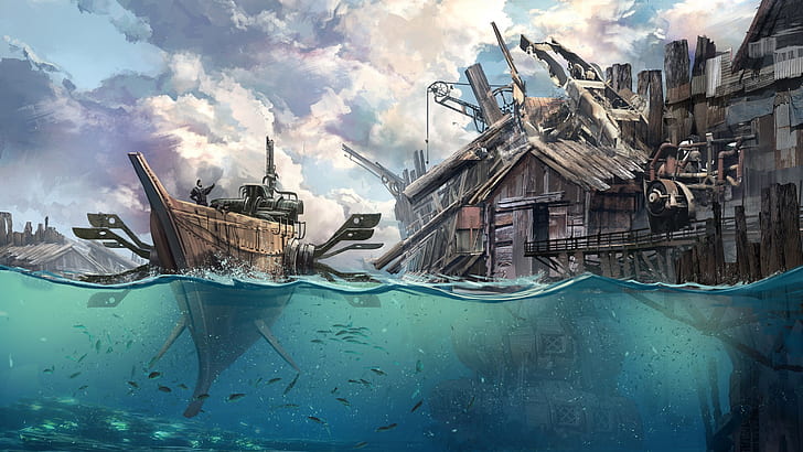 arte de fantasía, submarino, steampunk, barco, vehículo, cielo, Fondo de pantalla HD
