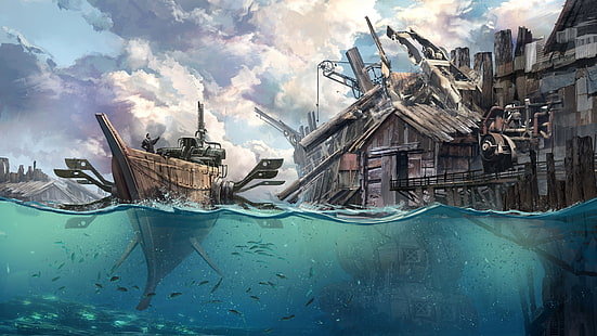 фэнтези арт, подводный, стимпанк, лодка, средство передвижения, небо, HD обои HD wallpaper