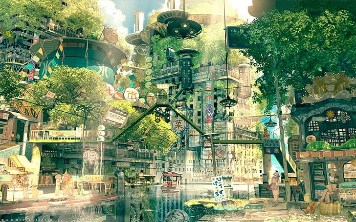 desenho cidade paisagem urbana japão ficção natureza anime imperial menino, HD papel de parede