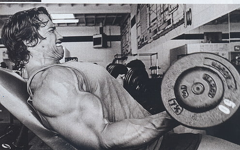 Arnold Schwarzenegger, Arnold Schwarzenegger, bodybuilding, culturista, bilanciere, manubri, palestre, allenamento, allenamento, esercizio fisico, muscoli, Sfondo HD HD wallpaper