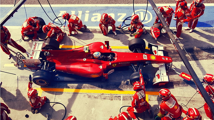 rotes Auto, Ferrari, Fernando Alonso, Formel 1, Boxenstopp, HD-Hintergrundbild