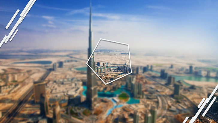 grattacielo, città, Dubai, arte digitale, Pentagono, sfocato, cielo, geometria, Sfondo HD