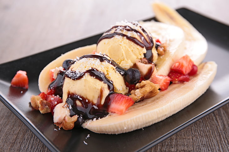banana with ice cream, chocolate, strawberry, ice cream, banana, dessert, HD wallpaper