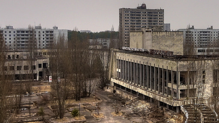 grå övergivna byggnader, apokalyptiska, övergivna, förstörelse, Tjernobyl, Pripyat, HD tapet