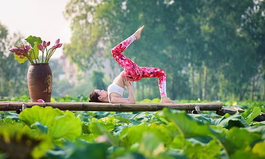 девушка, природа, поза, гимнастика, йога, ножки, азиатка, HD обои HD wallpaper