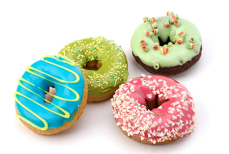 Vier Donuts mit verschiedenen Geschmacksrichtungen, Schokolade, Donuts, Muffins, Dessert, Kuchen, Süßes, Glasur, Baby, HD-Hintergrundbild HD wallpaper