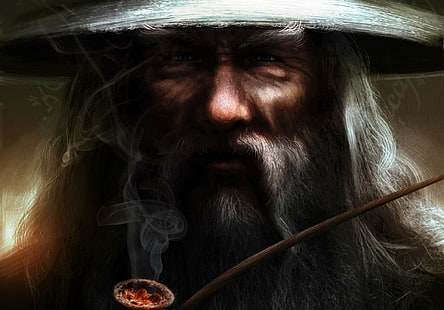 arte de fantasía, Gandalf, pipas, mago, El señor de los anillos, barbas, Fondo de pantalla HD HD wallpaper