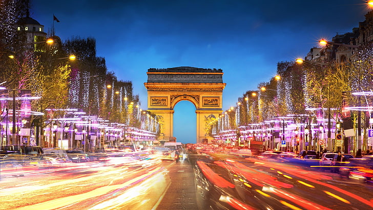 мегаполис, триумфальная арка, париж, город, франция, европа, ночь, трафик, ориентир, городской пейзаж, городской район, небо, центр города, свет, туристическая достопримечательность, HD обои