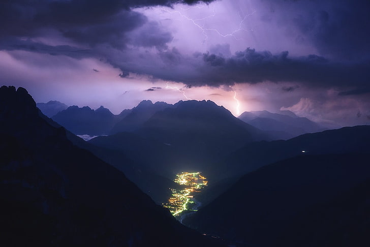 aerial photography of mountain during cloudy day, photography, landscape, nature, storm, lightning, mountains, valley, evening, city, clouds, HD wallpaper