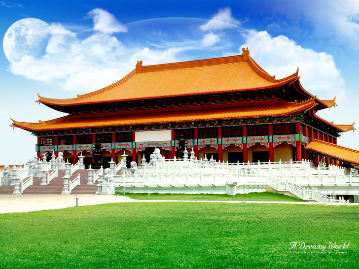 Beijing, Asian architecture, digital art, Moon, building, Forbidden City, China, HD wallpaper