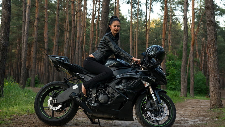 черный спортивный мотоцикл, женщины, мотоцикл, ниндзя кавасаки, zx6r, HD обои