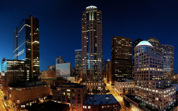 고층 빌딩, 고층 빌딩, 밤, 시애틀, HD 배경 화면