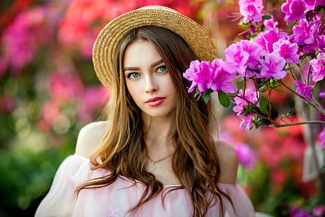 Olga Boyko, kvinnor, Bogdana Kadritskaya, porträtt, hatt, rosa blommor, HD tapet HD wallpaper