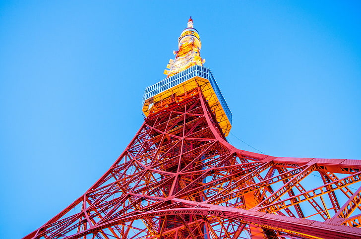 Japón, Torre de Tokio, vista de gusano, cielo, arquitectura, Tokio, Fondo de pantalla HD