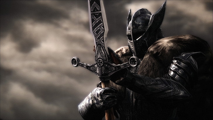 мужчина держит серый меч цифровые обои, рыцарь, воин, доспехи, меч, шлем, The Elder Scrolls V: Skyrim, HD обои