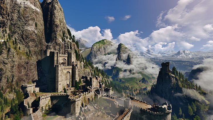 castillo marrón y clounds blancos, The Witcher 3: Wild Hunt, Kaer Morhen, videojuegos, Fondo de pantalla HD