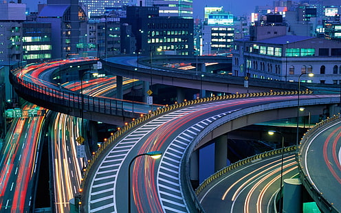 fotografia time-lapse della strada trafficata, città, paesaggio urbano, lunga esposizione, strada, autostrada, interscambio, sentieri di luce, traffico, Tokyo, Giappone, Sfondo HD HD wallpaper
