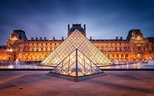 Parigi, Francia, Louvre, città, luci, notte, piramide, cornice triangolare in vetro trasparente, Parigi, Francia, Louvre, città, luci, notte, piramide, Sfondo HD HD wallpaper