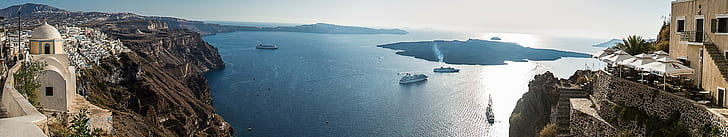 panorama, falaise, mer, eau, mer Égée, ville, Grèce, Santorin, Europe, Nea Kameni, bateau, maison, Fond d'écran HD