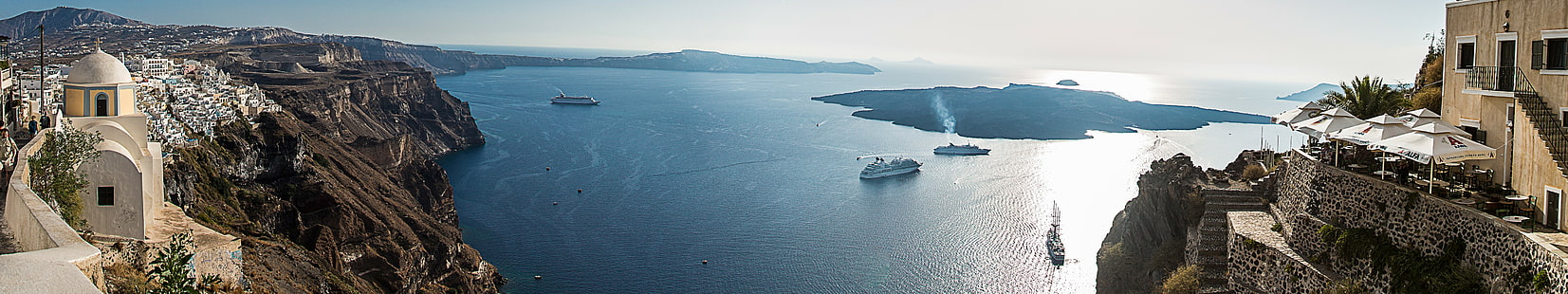 พาโนรามาหน้าผาทะเลน้ำทะเลอีเจียนเมืองกรีซซานโตรินียุโรป Nea Kameni เรือบ้าน, วอลล์เปเปอร์ HD HD wallpaper