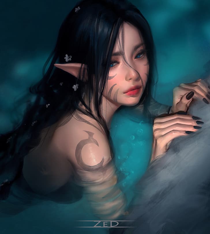 Trungbui, drawing, dark hair, long hair, pointy ears, blue eyes, mermaids, body paint, black nails, water, HD wallpaper