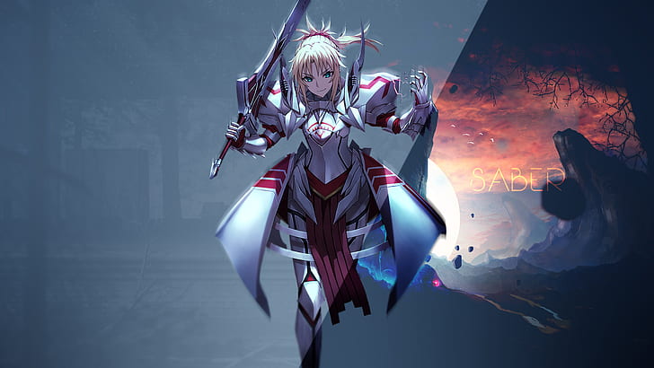anime girls, red, FateApocrypha, Fate Series, illustration, manga, Saber of Red, armor, texture, digital art, painting, Saber, sword, Mordred (FateApocrypha), HD wallpaper