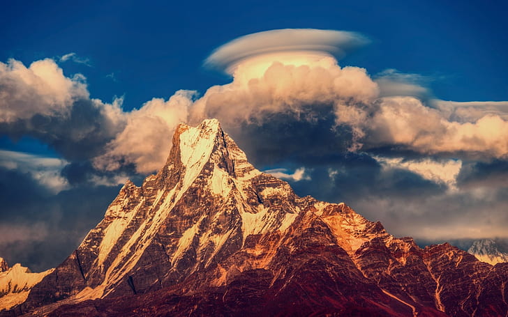 Pegunungan Himalaya Nepal, pegunungan berpagar salju yang tertutup salju, gunung Annapurna, himalayas, pegunungan nepal, lanskap nepal, langit biru, Wallpaper HD