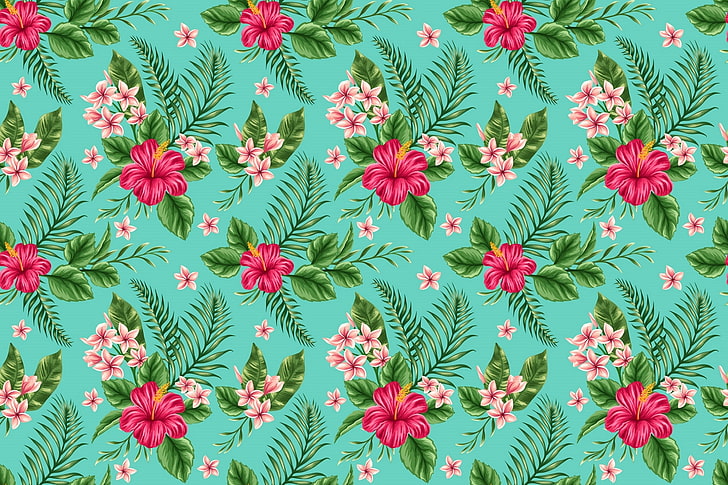 papel tapiz floral verde azulado y rosa, flores, trópicos, plumeria, hibisco, Fondo de pantalla HD