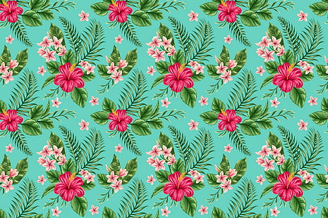 carta da parati floreale verde acqua e rosa, fiori, tropici, plumeria, ibisco, Sfondo HD HD wallpaper