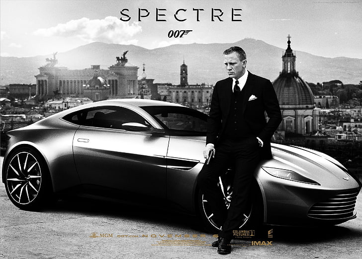 Spectre movie wallpaper, Daniel Craig, 007, James Bond, monochrome, Aston Martin, car, HD wallpaper