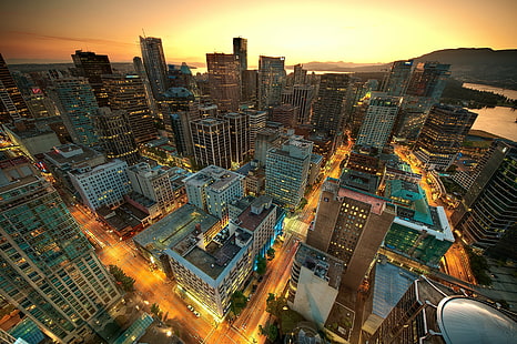 aerial photography of urban city during golden hour, downtown vancouver, downtown vancouver, Downtown Vancouver, Sunset, aerial photography, urban, golden hour, Vancouver, Downtown, HDR, Nikon  D300, Sigma, gear, me, silver, gold, platinum, Skyline, Vancouver City, City  Vancouver, sunset  Vancouver, Downtown  Vancouver, streets, Vancouver BC, WoW_2, Canada, british  columbia, british columbia, City, Skyscraper, wideangle, comment group, cityscape, urban Skyline, night, architecture, famous Place, dusk, downtown District, urban Scene, traffic, HD wallpaper HD wallpaper