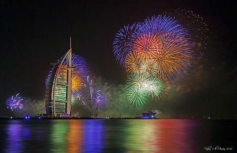 Burj Al Arab, Dubai, night, lights, new year, Dubai, fireworks, the hotel, UAE, Burj Al Arab, HD wallpaper HD wallpaper