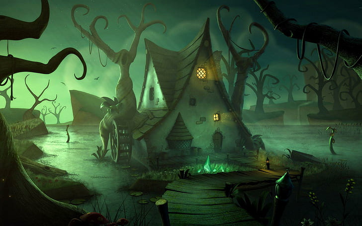Dark green swamp and house, brown house poster, fantasy, 1920x1200, house, forest, darkness, swamp, HD wallpaper